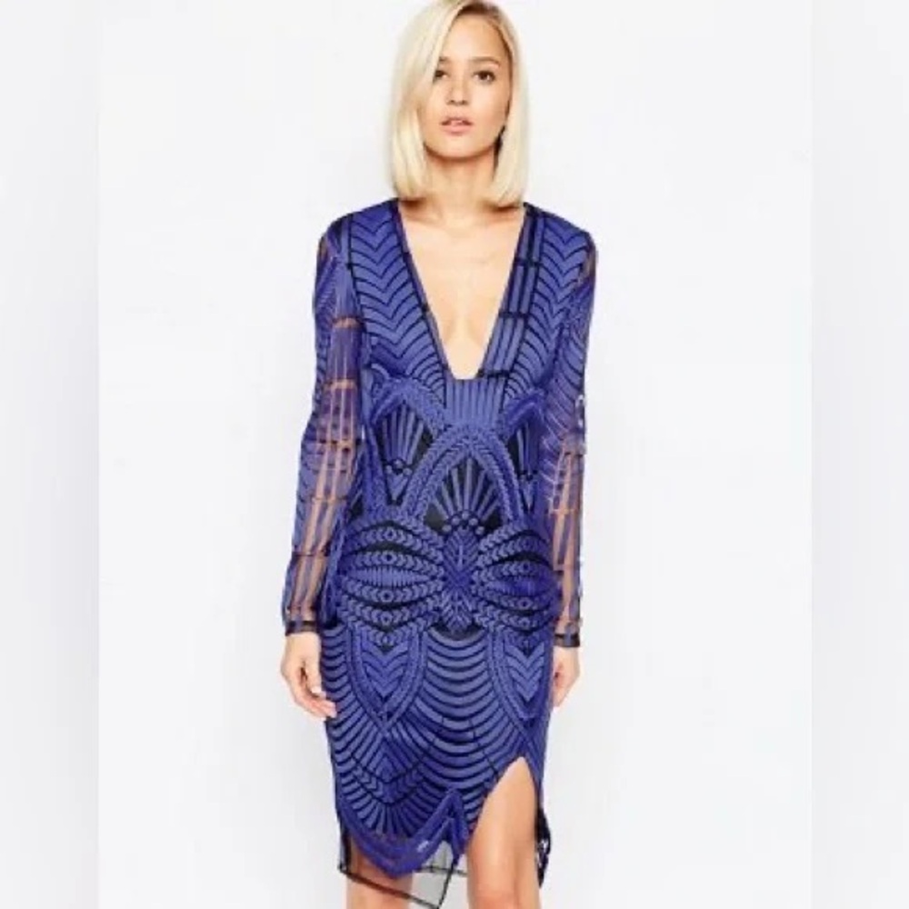 Lavish Alice Dress Black Blue Long Sleeve women’s size 14 mesh patterned